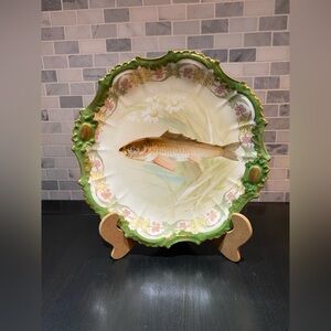 Antique Limoges France Coronet, Hand-Painted Fish Plate with Gold Rim, 9”